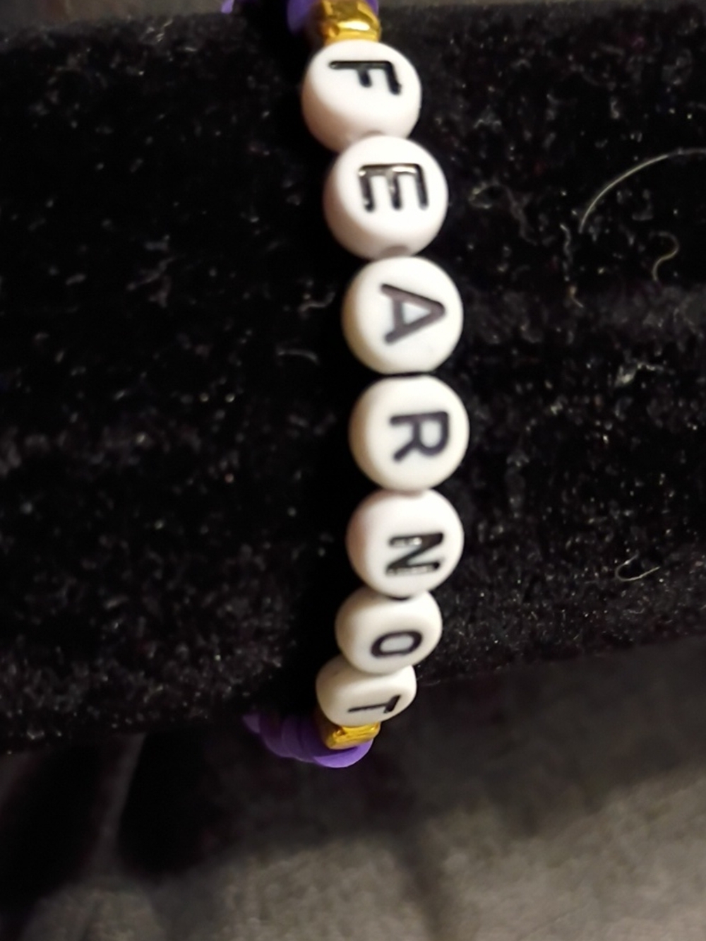 Personalized 'FEAR NOT' White Letter Bead Bracelet with Purple Accents
